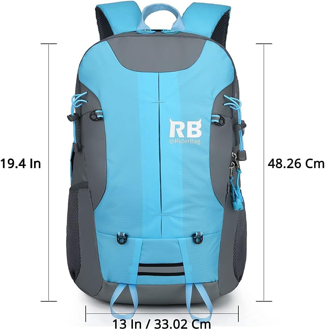 Reflective Motorcycle Backpack – Lightweight Hi Viz Riding Gear with Helmet Holder, Laptop Pocket, Ventilated Back, Cycling, Hiking, Sport & Commuter Daypack (Light Blue Backpack)