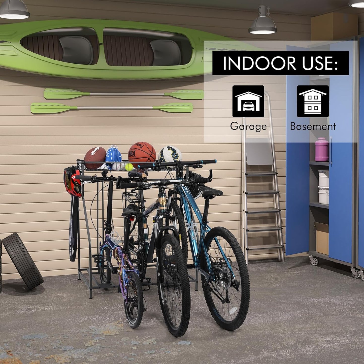 Bike Stand Rack, 3 Bicycle Floor Parking Stand, Bike Rack for Garage Storage, 3 Widths Adjustable Bike Slot for Mountain, Hybrid, Kids Bicycles, Indoor Outdoor Bike and Sports Storage Station