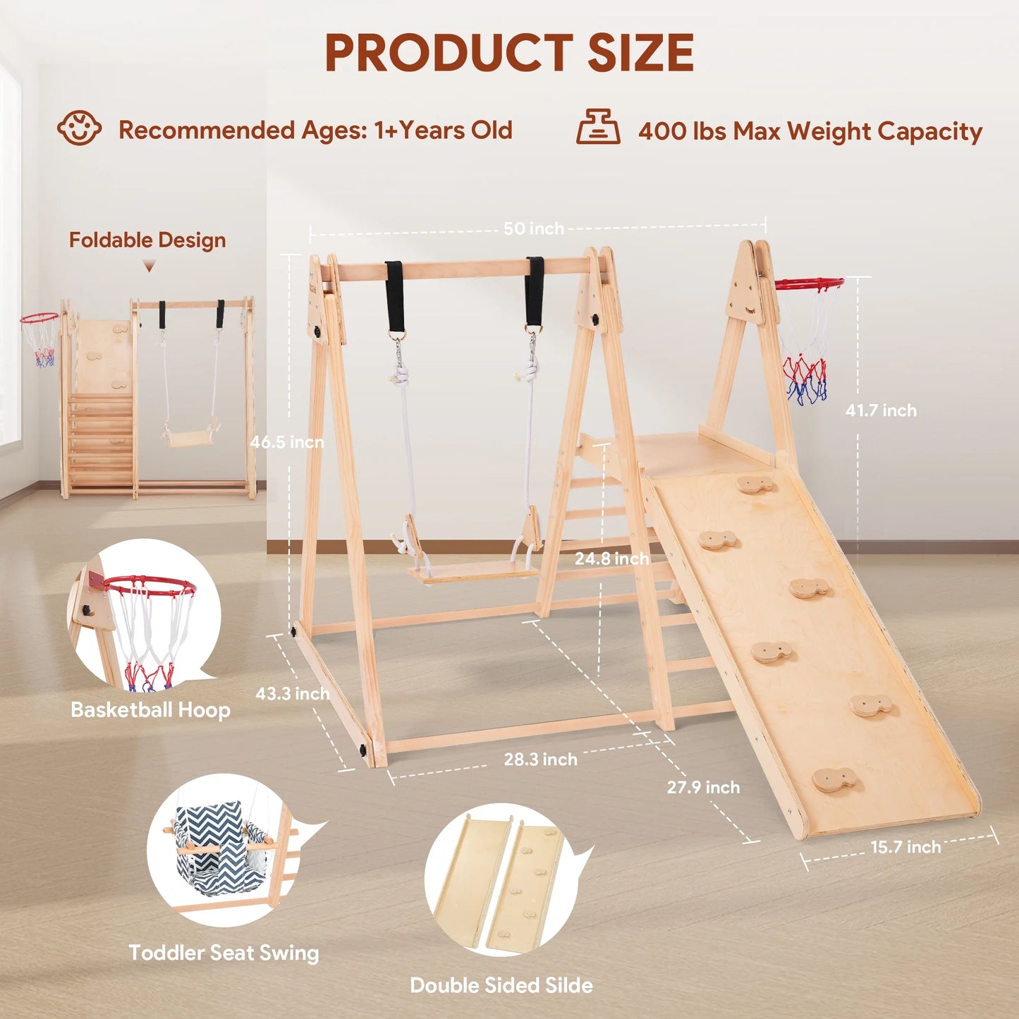 7-In-1 Toddlers Triangle Climbing Toys Set with 2 Swings, Foldable Wood Montessori Climber Kids Indoor Outdoor Playground Jungle Play Gym for Boys Girls