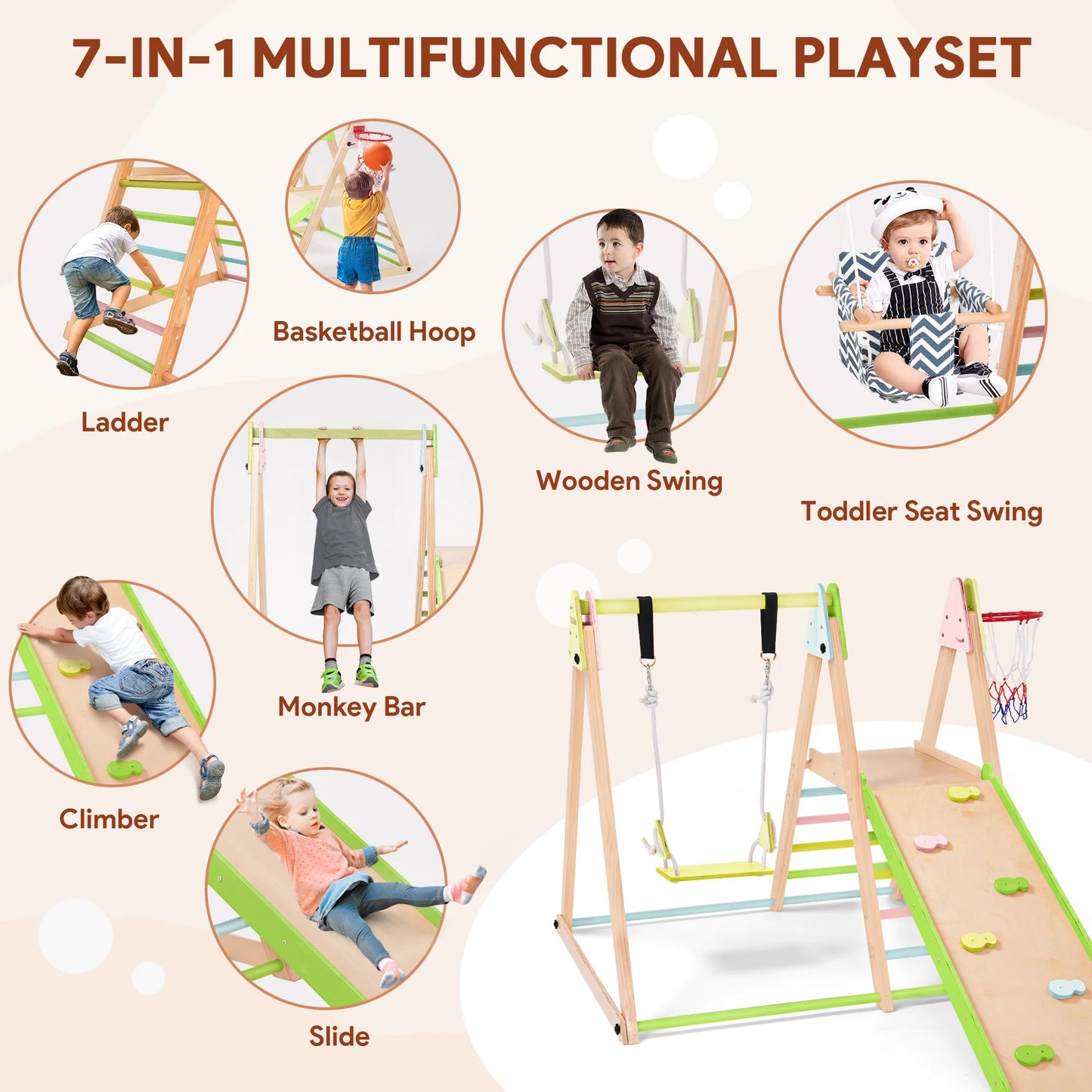 7-In-1 Toddlers Triangle Climbing Toys Set with 2 Swings, Foldable Wood Montessori Climber Kids Indoor Outdoor Playground Jungle Play Gym for Boys Girls