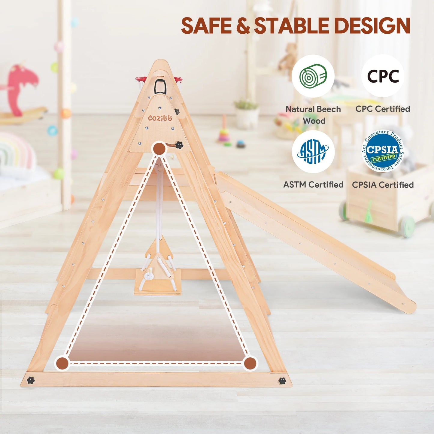 7-In-1 Toddlers Triangle Climbing Toys Set with 2 Swings, Foldable Wood Montessori Climber Kids Indoor Outdoor Playground Jungle Play Gym for Boys Girls