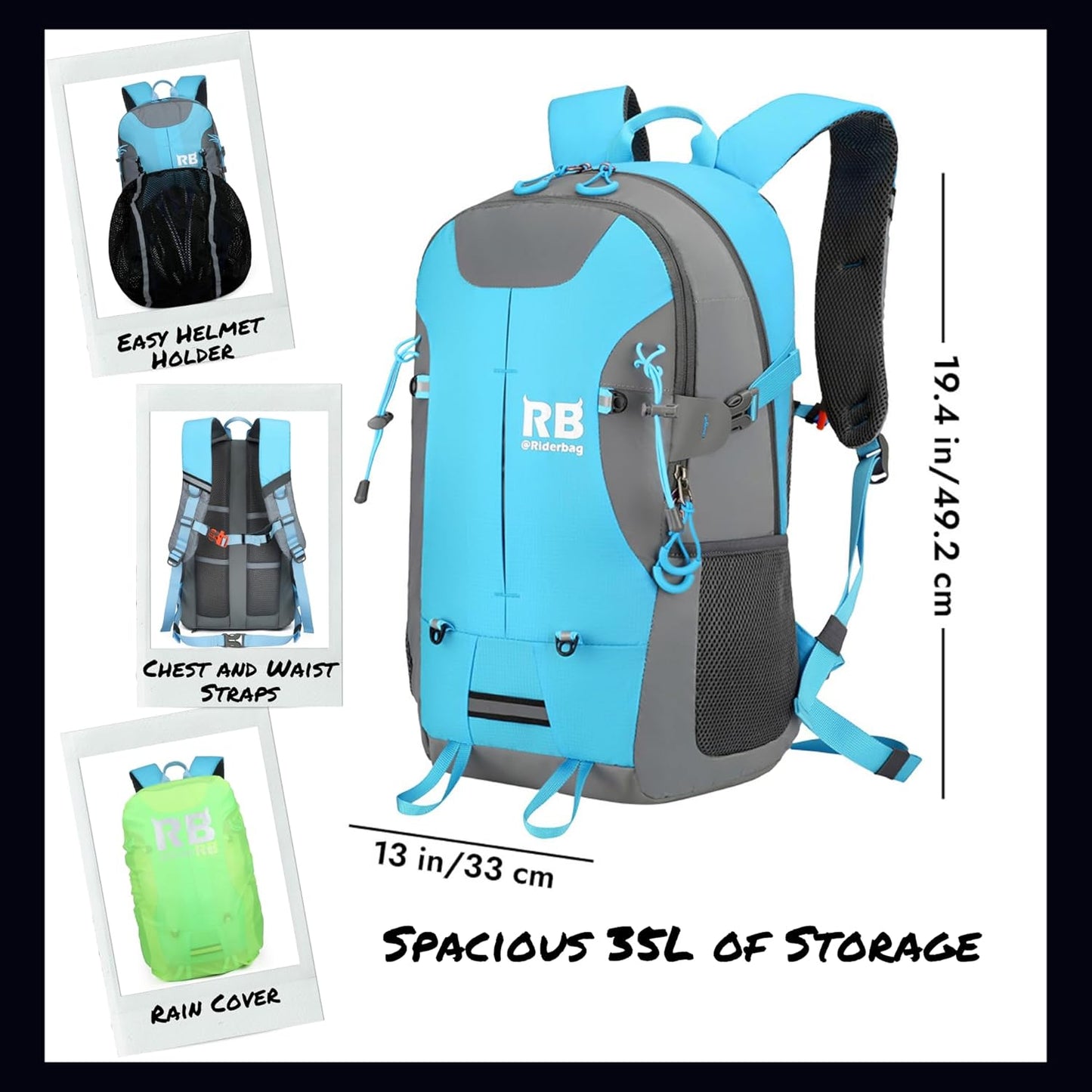 Reflective Motorcycle Backpack – Lightweight Hi Viz Riding Gear with Helmet Holder, Laptop Pocket, Ventilated Back, Cycling, Hiking, Sport & Commuter Daypack (Light Blue Backpack)