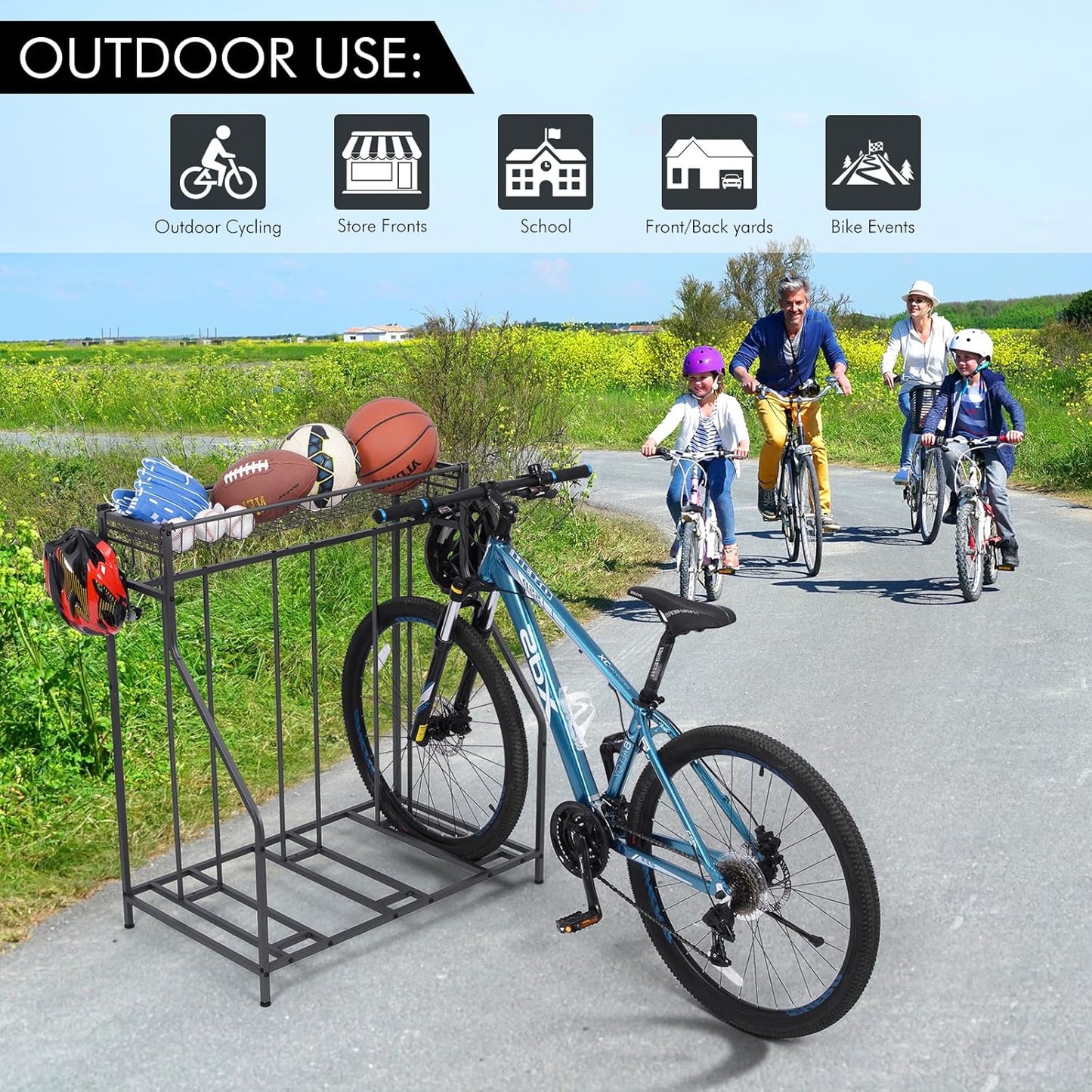 Bike Stand Rack, 3 Bicycle Floor Parking Stand, Bike Rack for Garage Storage, 3 Widths Adjustable Bike Slot for Mountain, Hybrid, Kids Bicycles, Indoor Outdoor Bike and Sports Storage Station