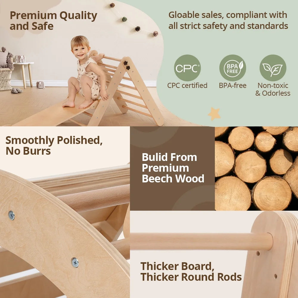 Pikler Triangle Set, 8 in 1 Montessori Climbing Set, Wooden Climbing Toys, with Arch, Ramp, Ladder, Tent and Cushion, Indoor Jungle Gym for Toddlers 0.5-6 Years Old