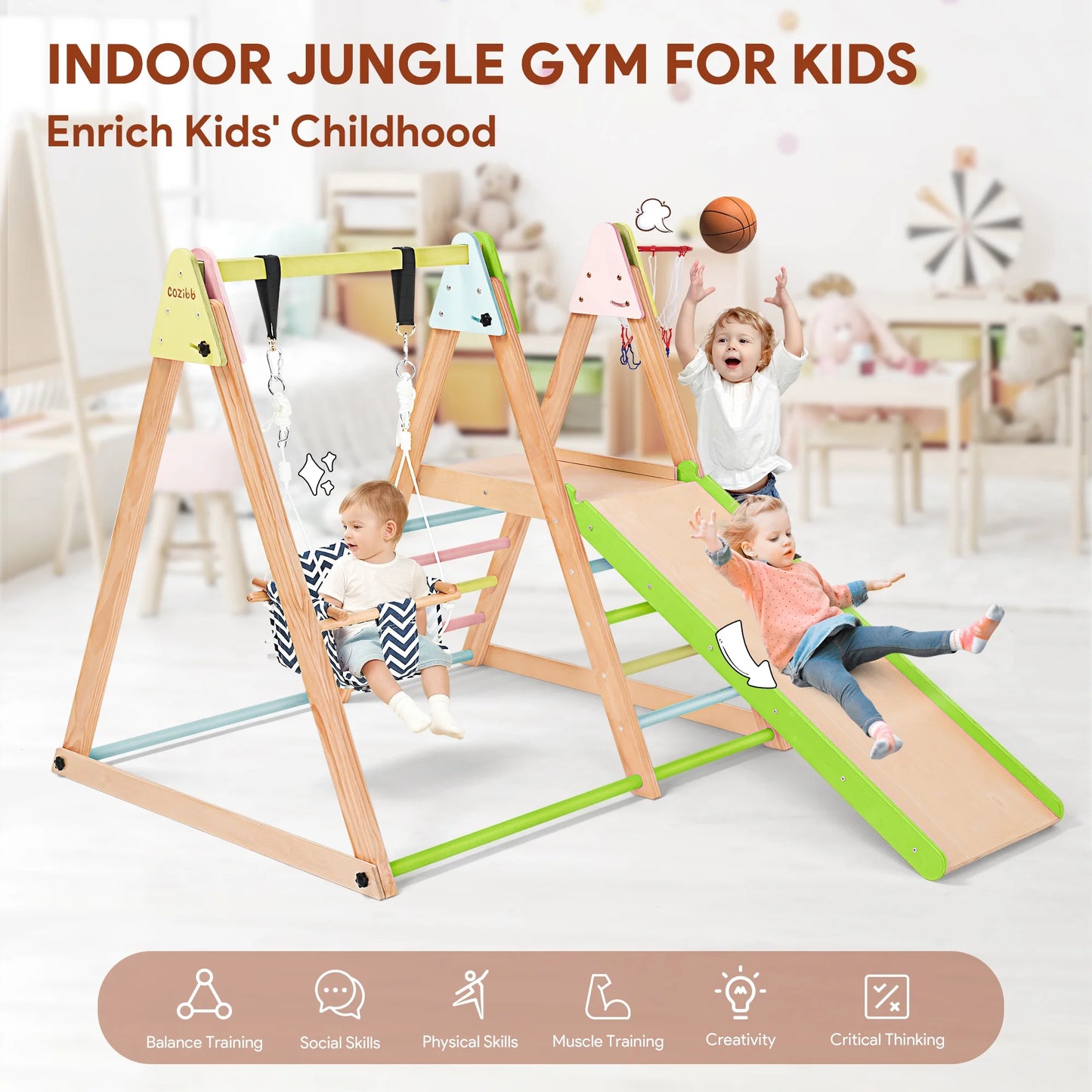 7-In-1 Toddlers Triangle Climbing Toys Set with 2 Swings, Foldable Wood Montessori Climber Kids Indoor Outdoor Playground Jungle Play Gym for Boys Girls