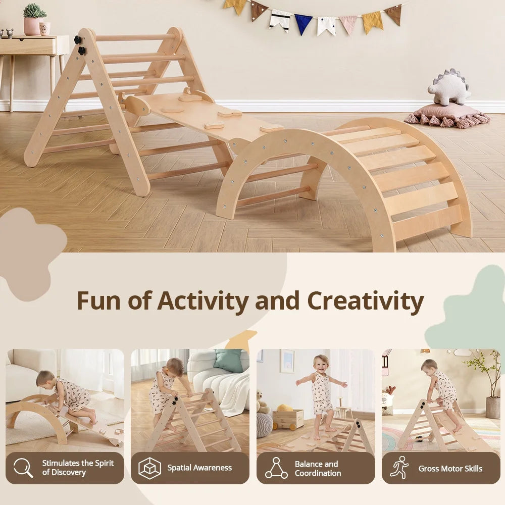 Pikler Triangle Set, 8 in 1 Montessori Climbing Set, Wooden Climbing Toys, with Arch, Ramp, Ladder, Tent and Cushion, Indoor Jungle Gym for Toddlers 0.5-6 Years Old