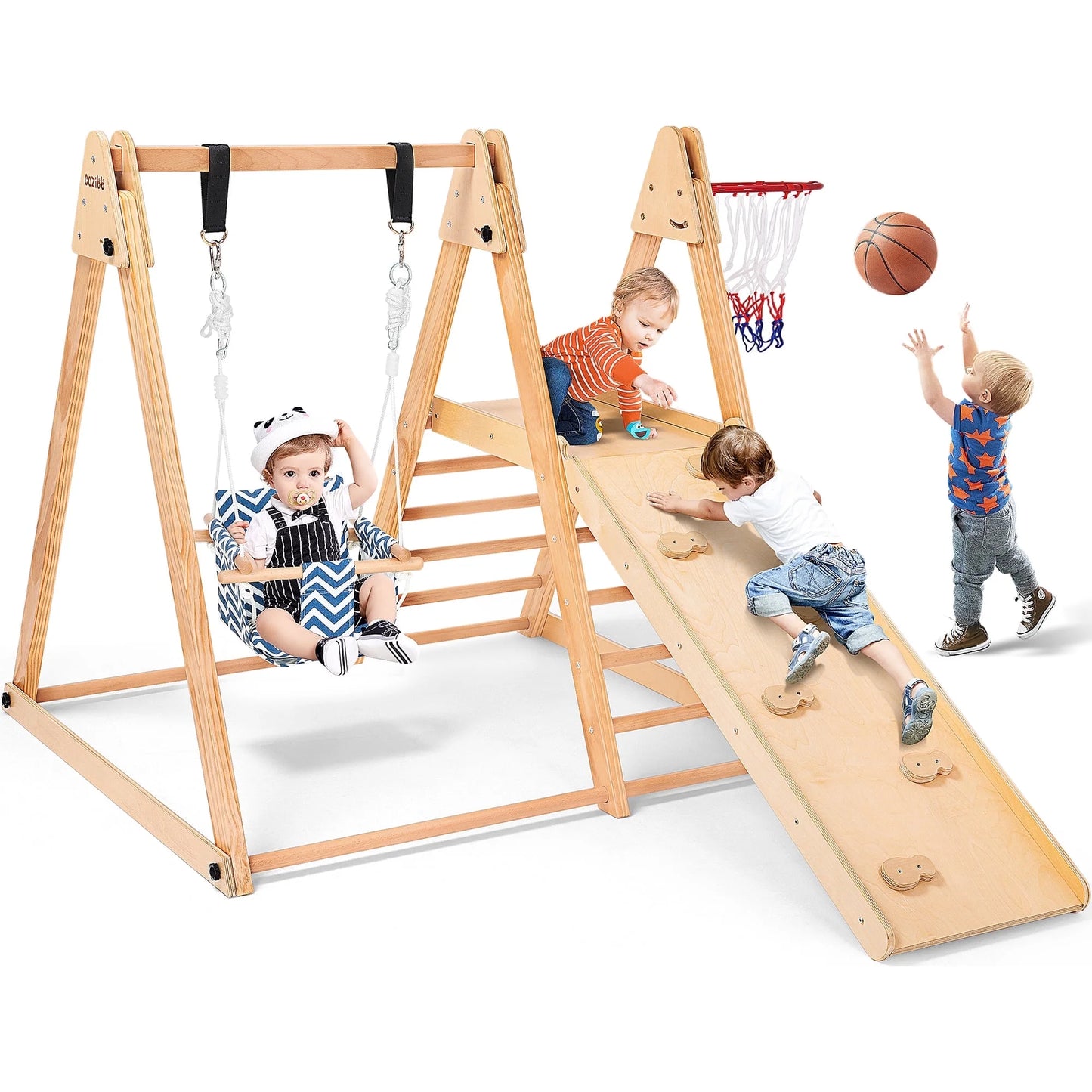 7-In-1 Toddlers Triangle Climbing Toys Set with 2 Swings, Foldable Wood Montessori Climber Kids Indoor Outdoor Playground Jungle Play Gym for Boys Girls