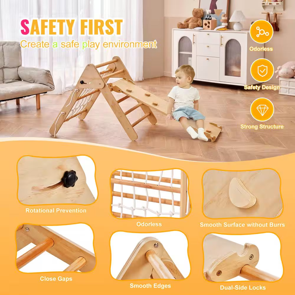 4-In-1 Toddler Climbing Toys Set, Montessori Pikler Triangle and Ramp, Large Wooden Climbing Gym for Indoor Play, Yellow
