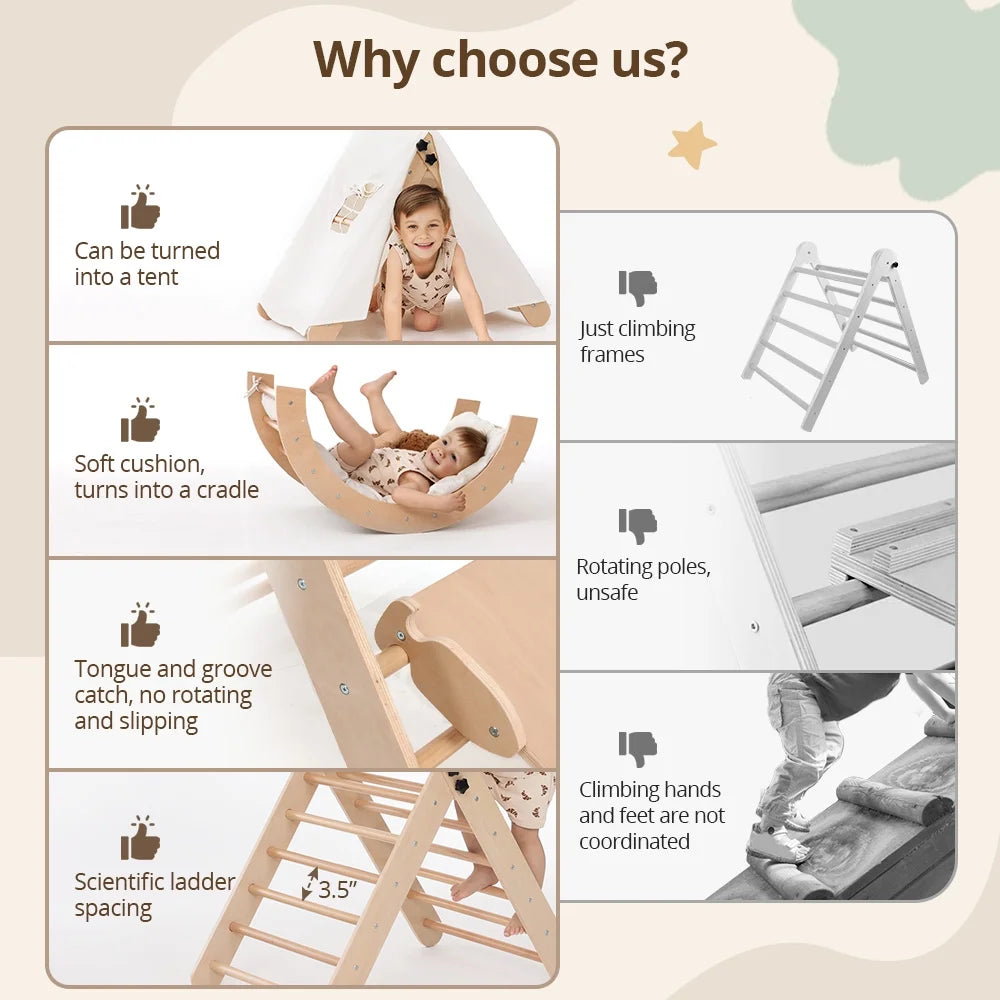 Pikler Triangle Set, 8 in 1 Montessori Climbing Set, Wooden Climbing Toys, with Arch, Ramp, Ladder, Tent and Cushion, Indoor Jungle Gym for Toddlers 0.5-6 Years Old