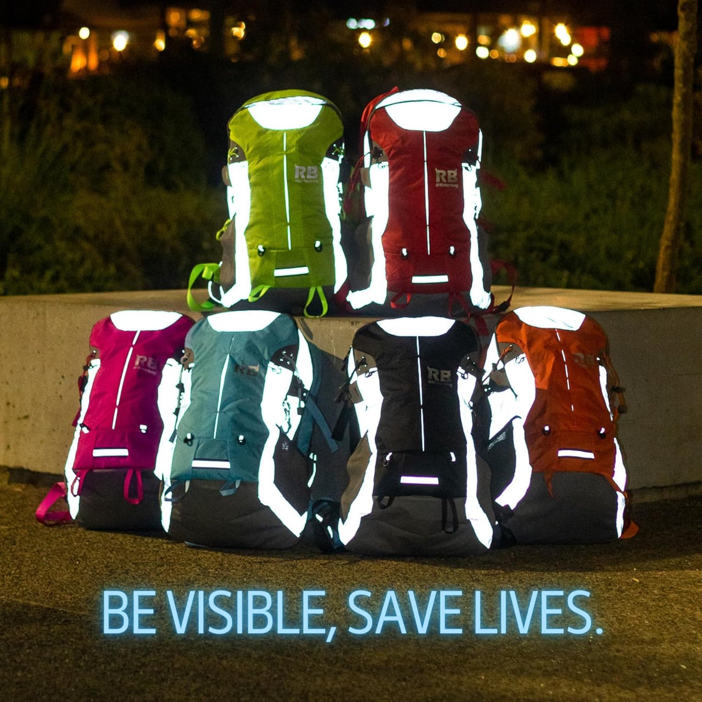 Reflective Motorcycle Backpack – Lightweight Hi Viz Riding Gear with Helmet Holder, Laptop Pocket, Ventilated Back, Cycling, Hiking, Sport & Commuter Daypack (Light Blue Backpack)