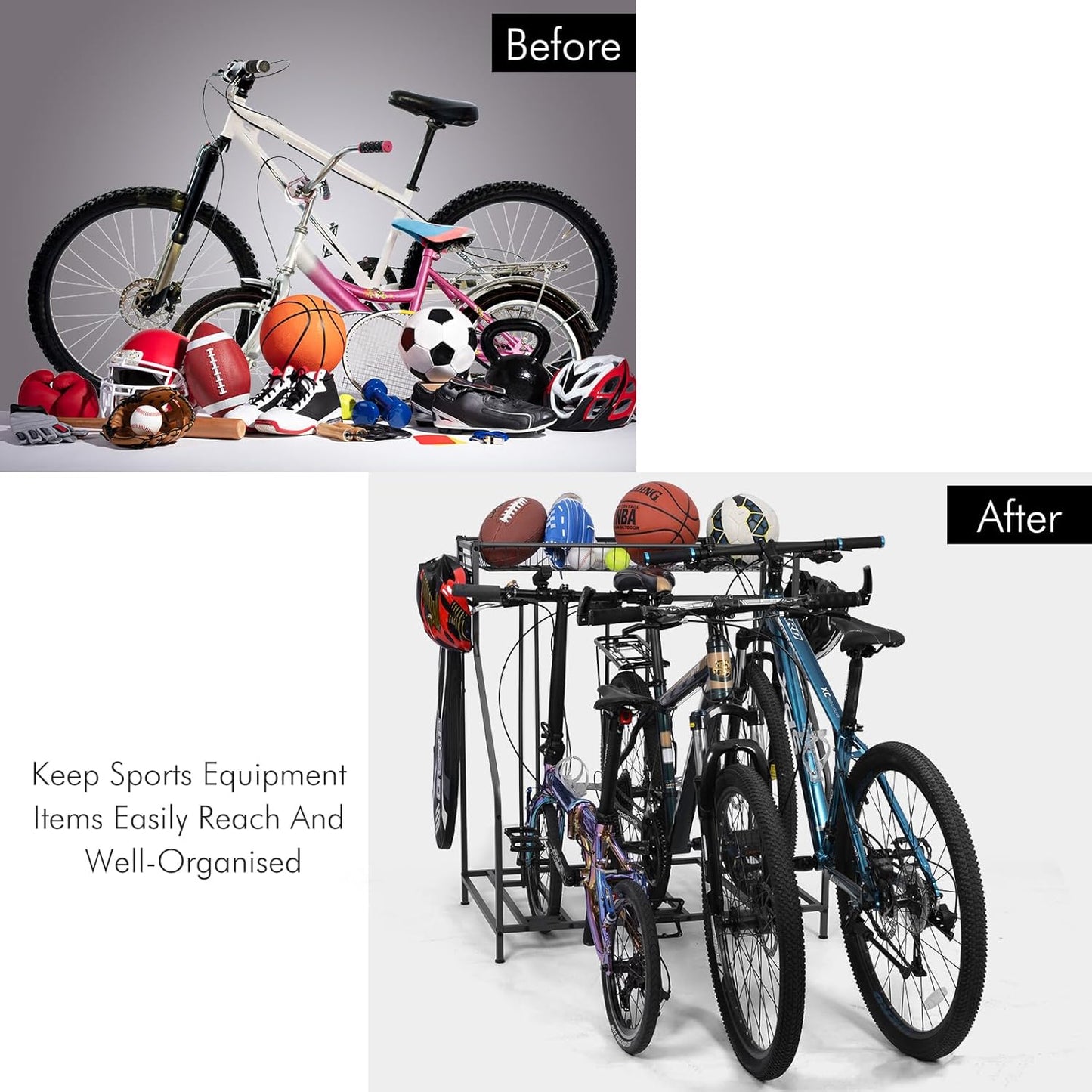 Bike Stand Rack, 3 Bicycle Floor Parking Stand, Bike Rack for Garage Storage, 3 Widths Adjustable Bike Slot for Mountain, Hybrid, Kids Bicycles, Indoor Outdoor Bike and Sports Storage Station