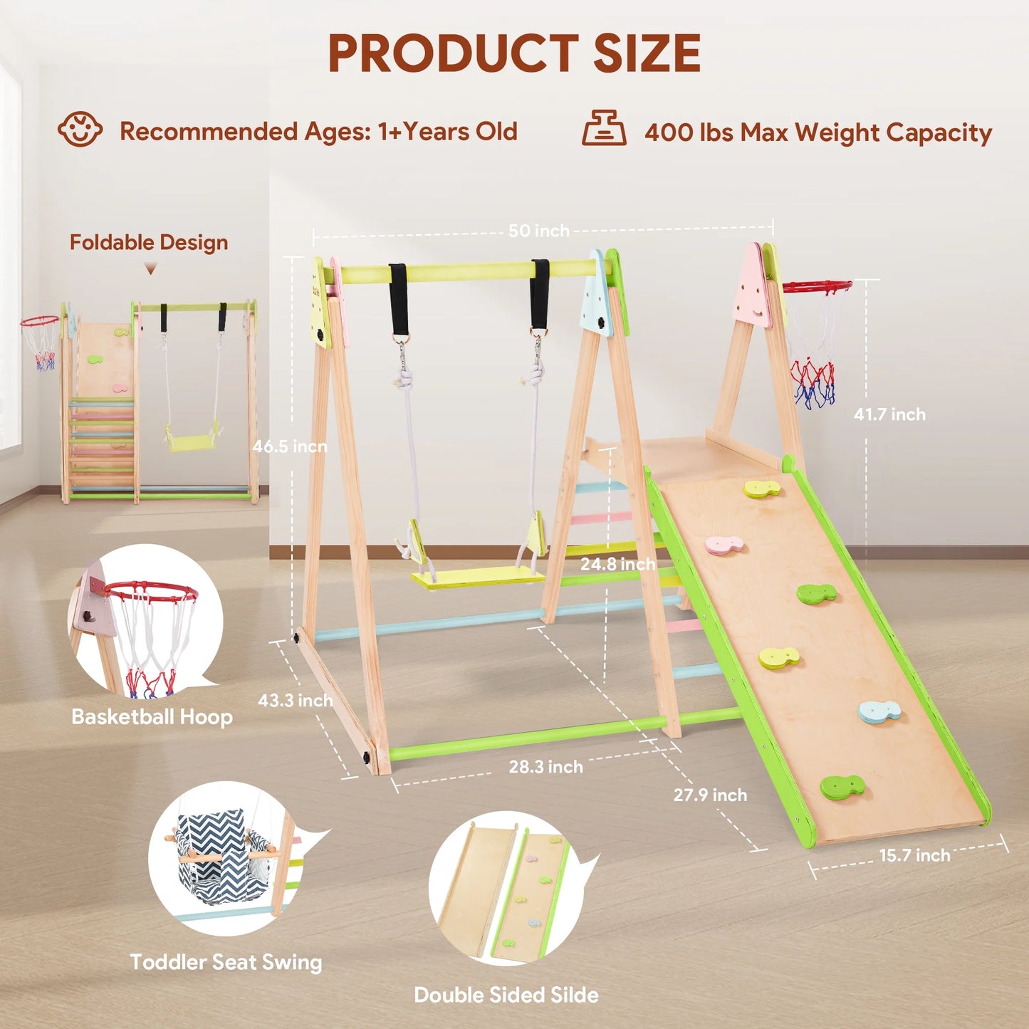 7-In-1 Toddlers Triangle Climbing Toys Set with 2 Swings, Foldable Wood Montessori Climber Kids Indoor Outdoor Playground Jungle Play Gym for Boys Girls