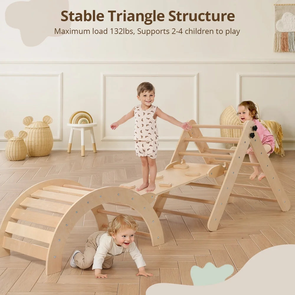 Pikler Triangle Set, 8 in 1 Montessori Climbing Set, Wooden Climbing Toys, with Arch, Ramp, Ladder, Tent and Cushion, Indoor Jungle Gym for Toddlers 0.5-6 Years Old