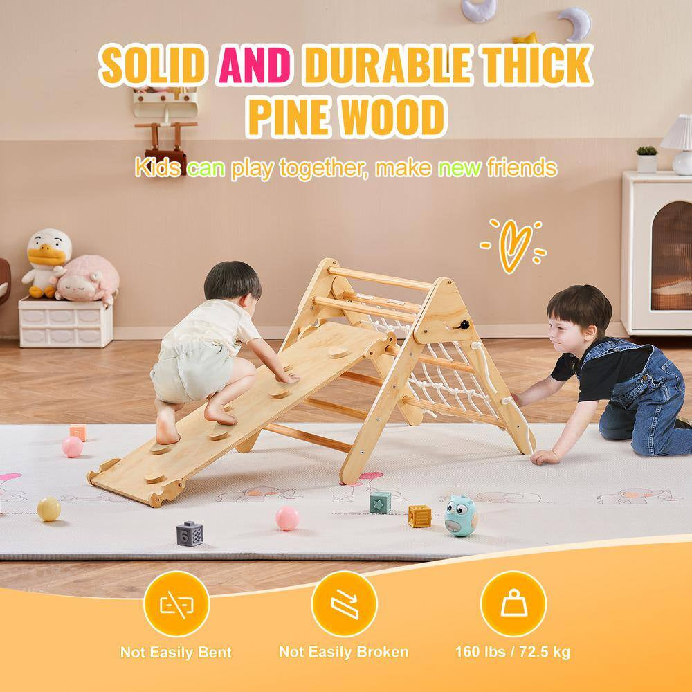 4-In-1 Toddler Climbing Toys Set, Montessori Pikler Triangle and Ramp, Large Wooden Climbing Gym for Indoor Play, Yellow
