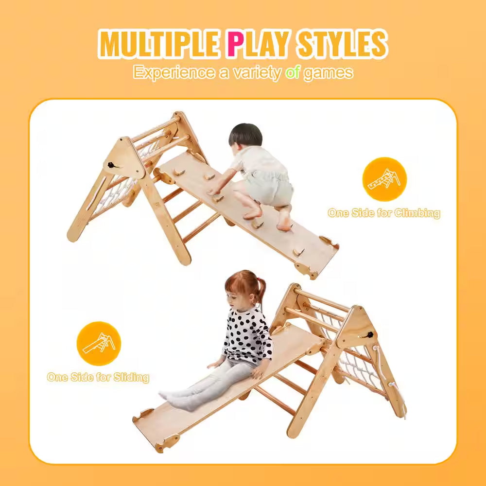 4-In-1 Toddler Climbing Toys Set, Montessori Pikler Triangle and Ramp, Large Wooden Climbing Gym for Indoor Play, Yellow