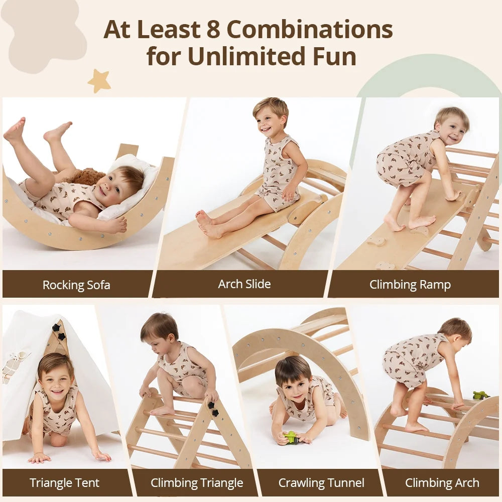 Pikler Triangle Set, 8 in 1 Montessori Climbing Set, Wooden Climbing Toys, with Arch, Ramp, Ladder, Tent and Cushion, Indoor Jungle Gym for Toddlers 0.5-6 Years Old