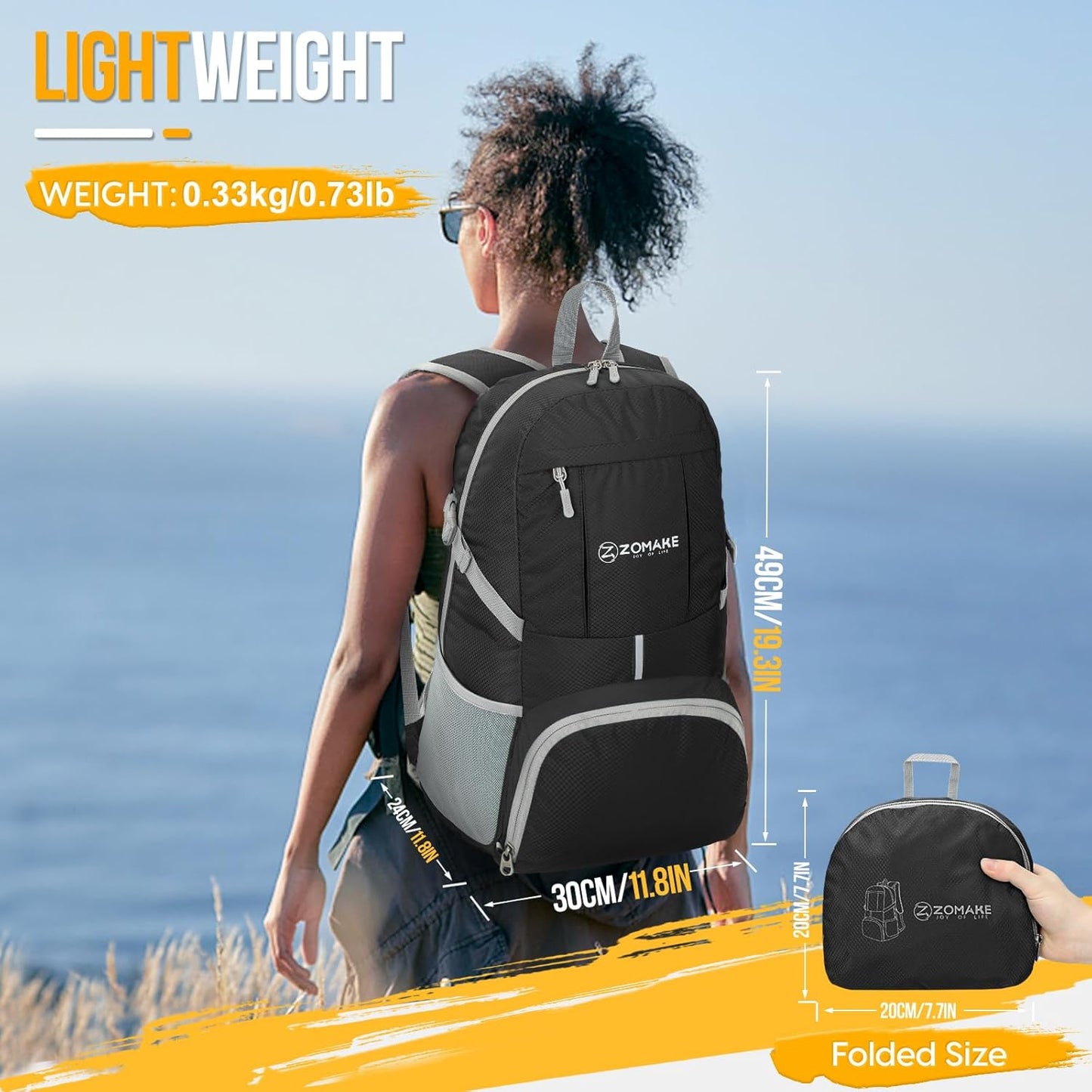 Lightweight Packable Backpack 35L, Light Foldable Backpacks Water Resistant Collapsible Hiking Bag, Compact Folding Day Pack for Travel Camping(Black)