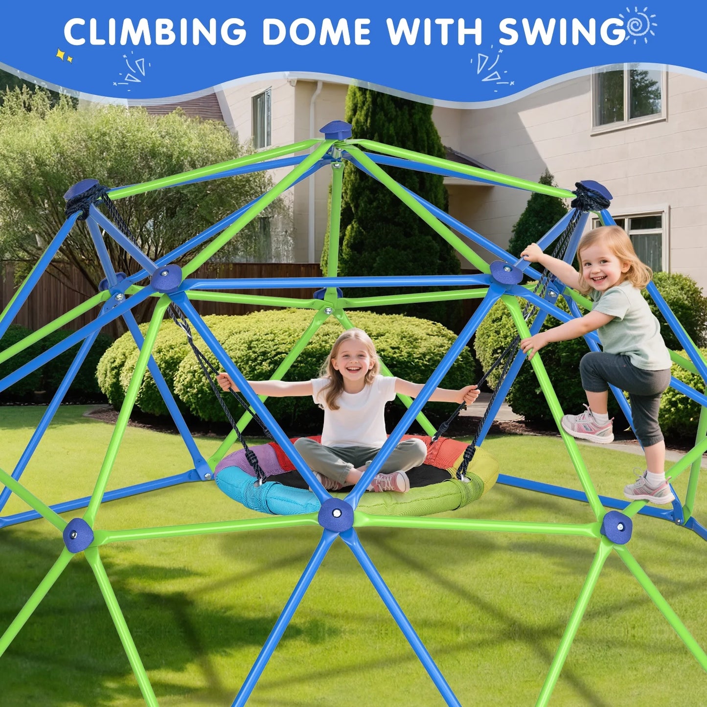 10FT Climbing Dome with Swing Set, Kids Dome Climber Jungle Gym Outdoor Play Toddler Play Set for Ages 3-10, Supports up to 880Lbs