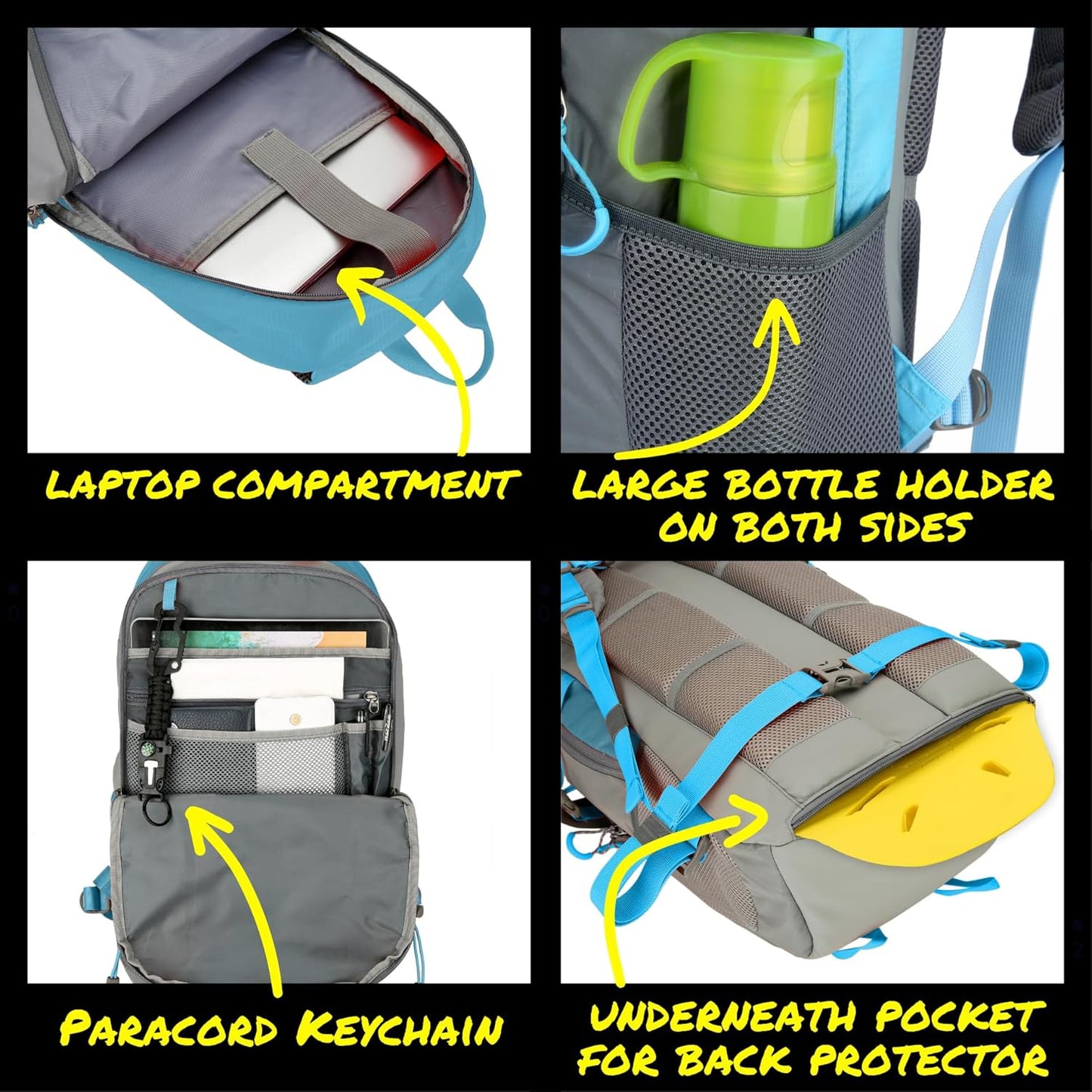 Reflective Motorcycle Backpack – Lightweight Hi Viz Riding Gear with Helmet Holder, Laptop Pocket, Ventilated Back, Cycling, Hiking, Sport & Commuter Daypack (Light Blue Backpack)