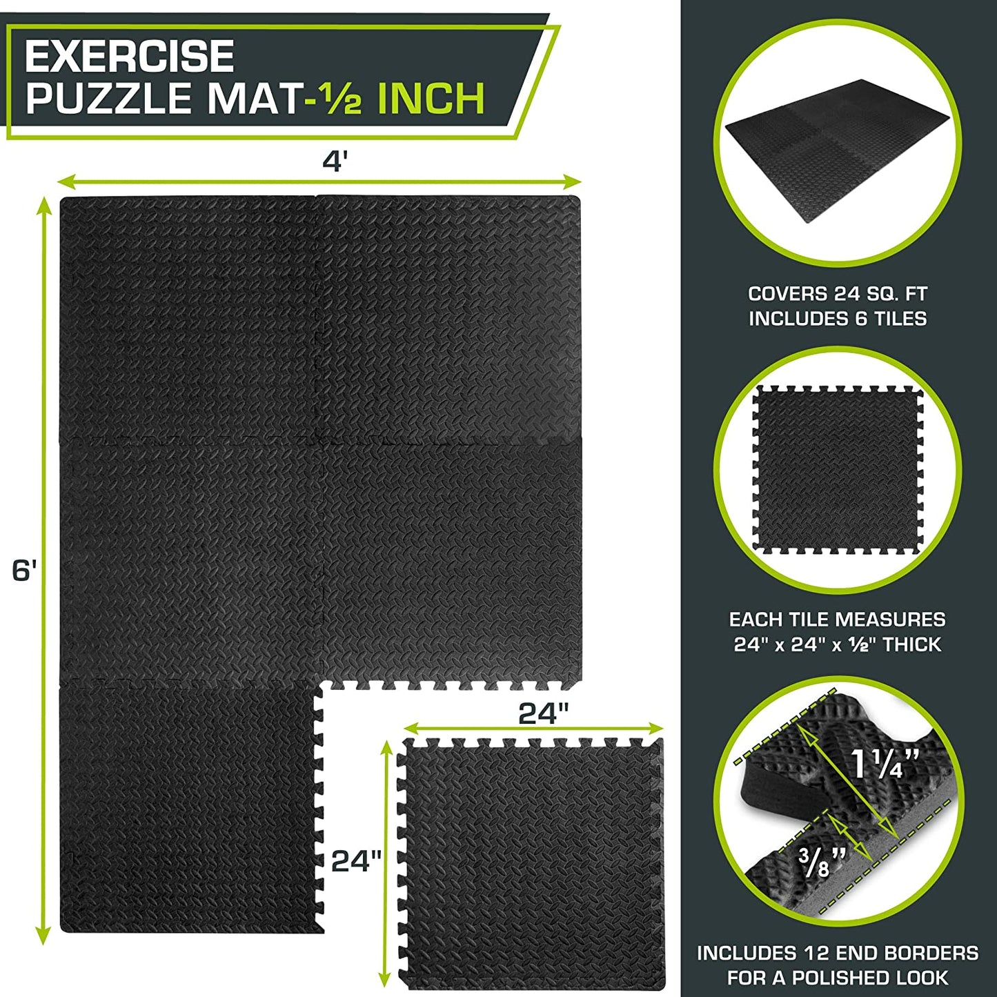 Puzzle Exercise Mat ½ In, EVA Interlocking Foam Floor Tiles for Home Gym, Mat for Home Workout Equipment, Floor Padding for Kids, Blue, 24 in X 24 in X ½ In, 24 Sq Ft - 6 Tiles