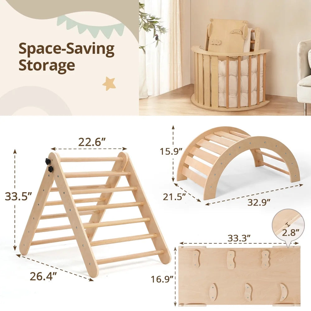 Pikler Triangle Set, 8 in 1 Montessori Climbing Set, Wooden Climbing Toys, with Arch, Ramp, Ladder, Tent and Cushion, Indoor Jungle Gym for Toddlers 0.5-6 Years Old