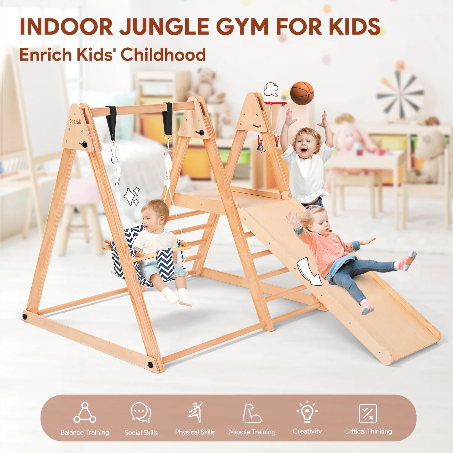 7-In-1 Toddlers Triangle Climbing Toys Set with 2 Swings, Foldable Wood Montessori Climber Kids Indoor Outdoor Playground Jungle Play Gym for Boys Girls