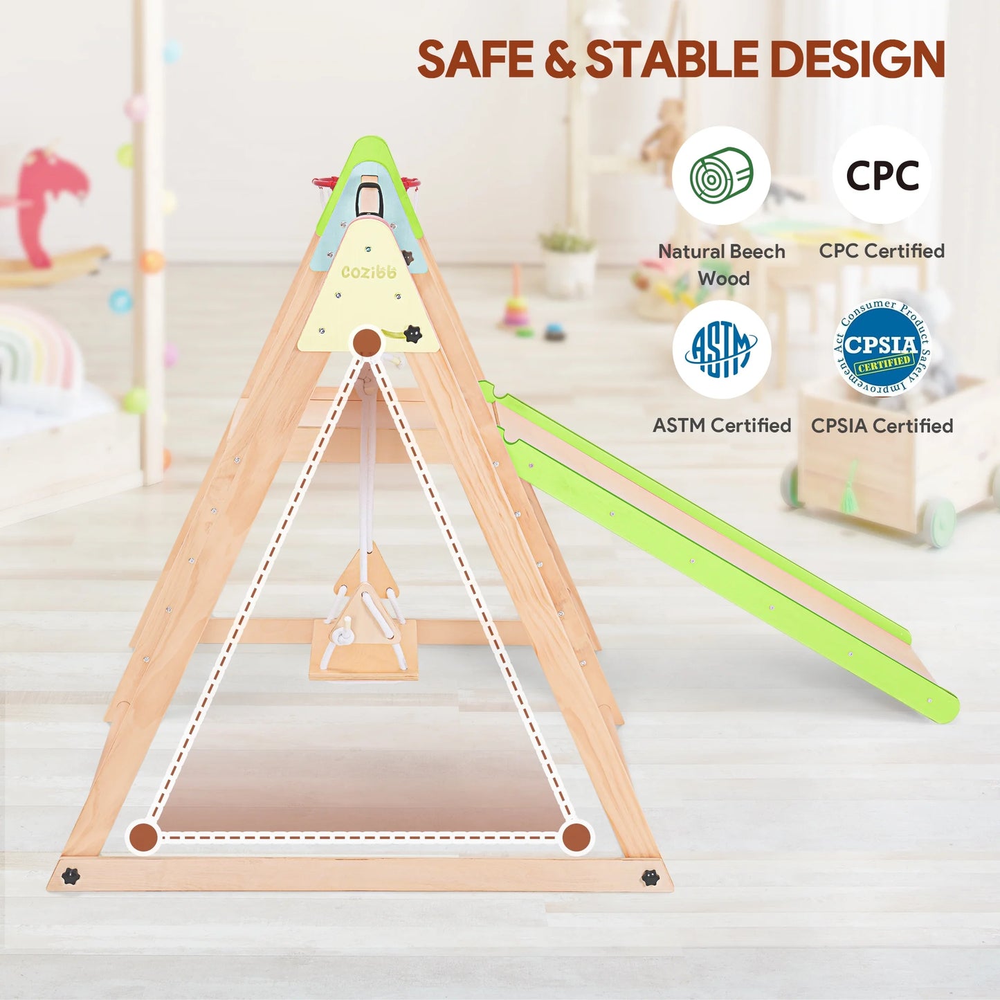 7-In-1 Toddlers Triangle Climbing Toys Set with 2 Swings, Foldable Wood Montessori Climber Kids Indoor Outdoor Playground Jungle Play Gym for Boys Girls