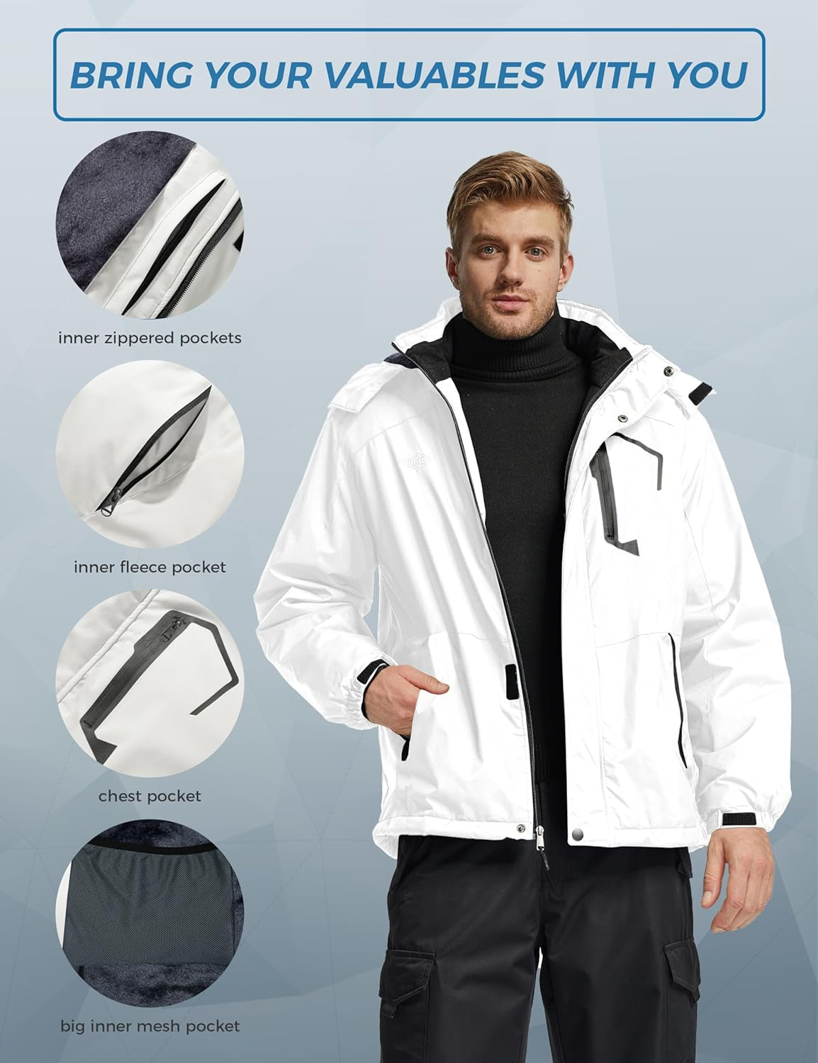 Men'S Mountain Waterproof Ski Jacket Windproof Rain Jacket Winter Warm Hooded Coat