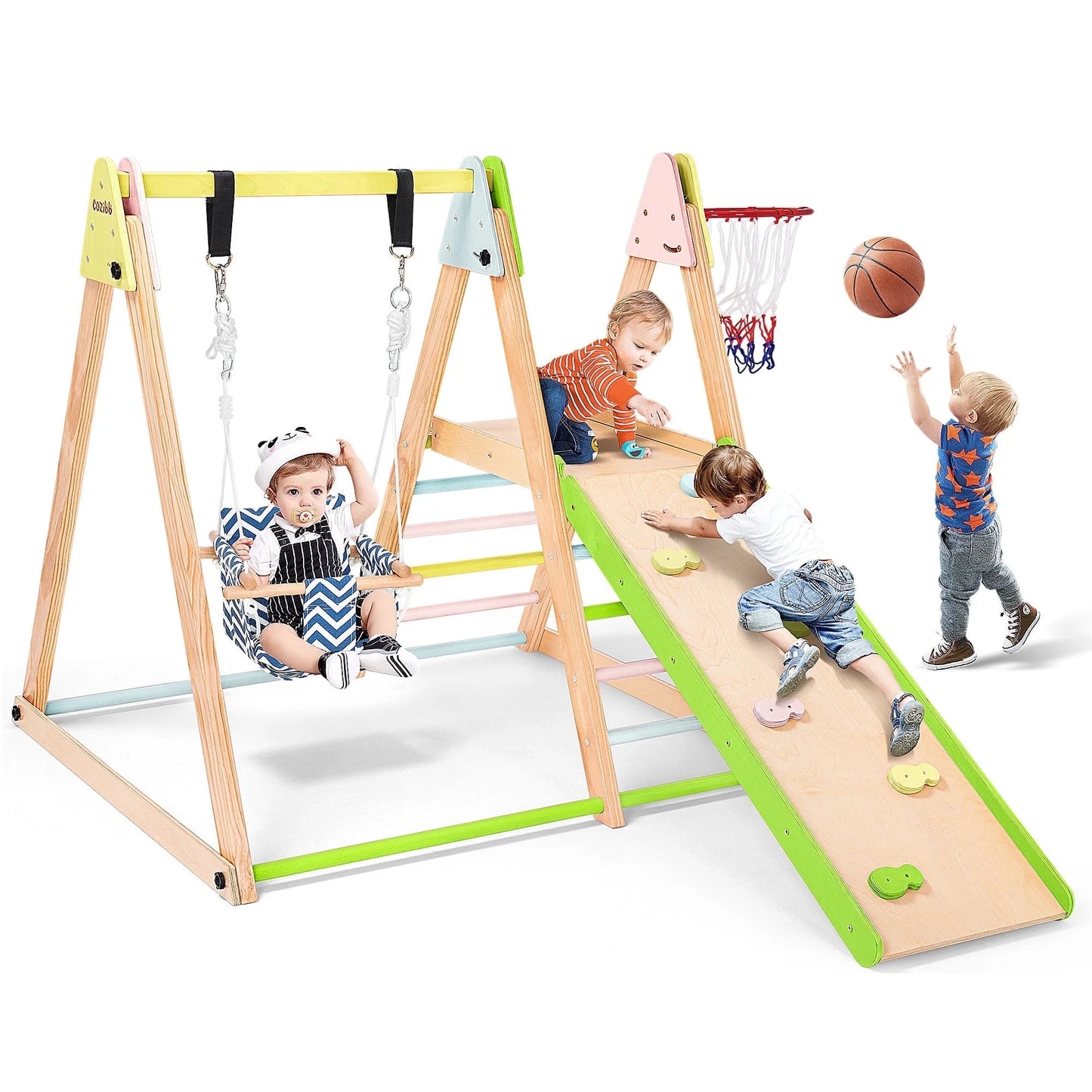 7-In-1 Toddlers Triangle Climbing Toys Set with 2 Swings, Foldable Wood Montessori Climber Kids Indoor Outdoor Playground Jungle Play Gym for Boys Girls