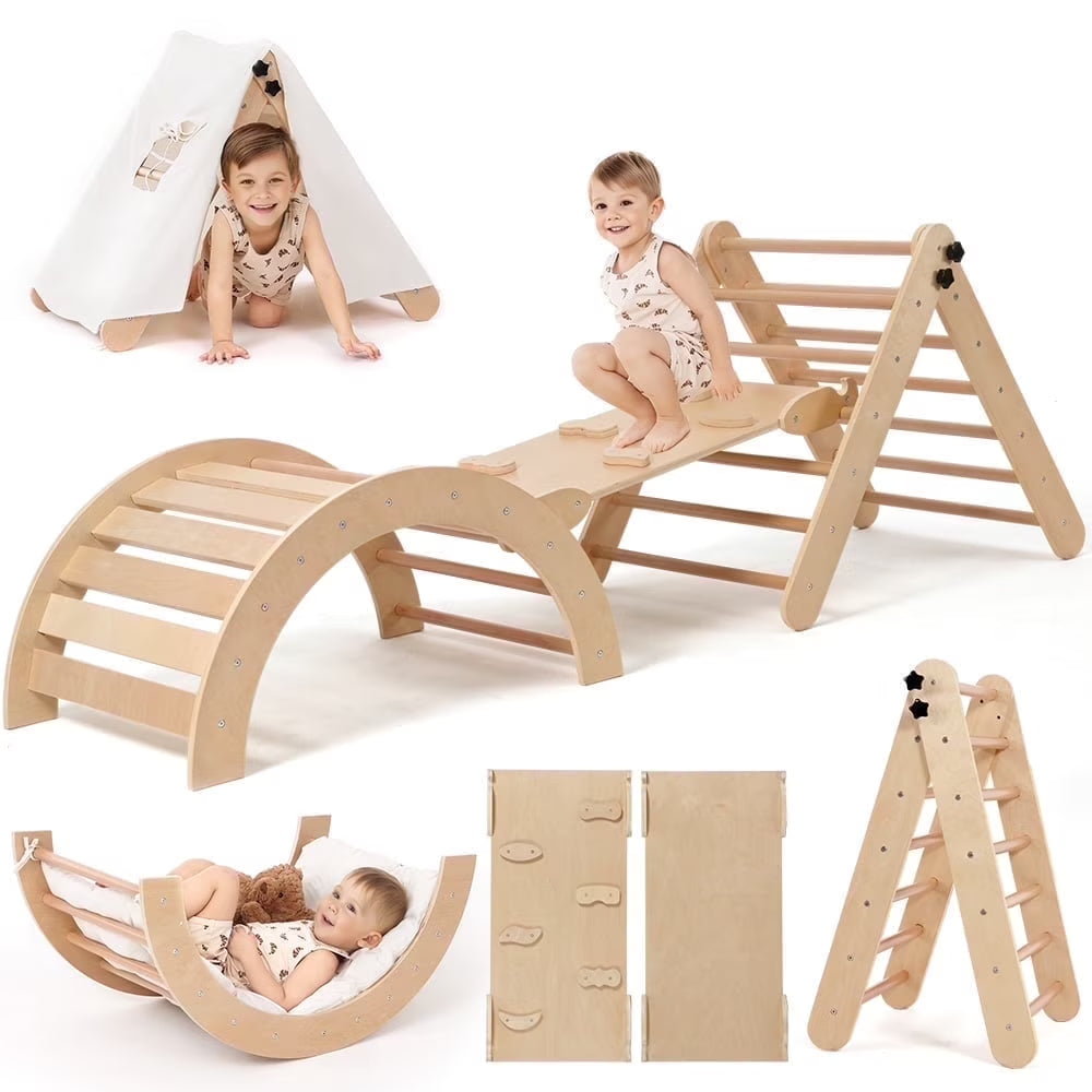 Pikler Triangle Set, 8 in 1 Montessori Climbing Set, Wooden Climbing Toys, with Arch, Ramp, Ladder, Tent and Cushion, Indoor Jungle Gym for Toddlers 0.5-6 Years Old