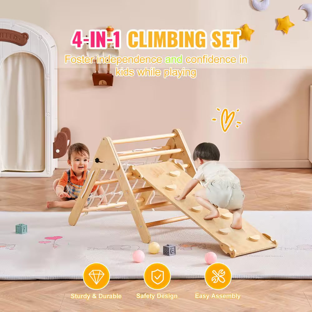 4-In-1 Toddler Climbing Toys Set, Montessori Pikler Triangle and Ramp, Large Wooden Climbing Gym for Indoor Play, Yellow