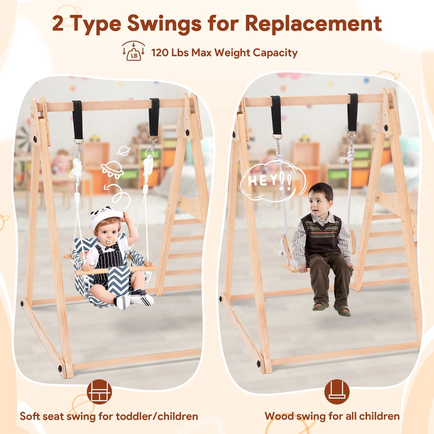 7-In-1 Toddlers Triangle Climbing Toys Set with 2 Swings, Foldable Wood Montessori Climber Kids Indoor Outdoor Playground Jungle Play Gym for Boys Girls