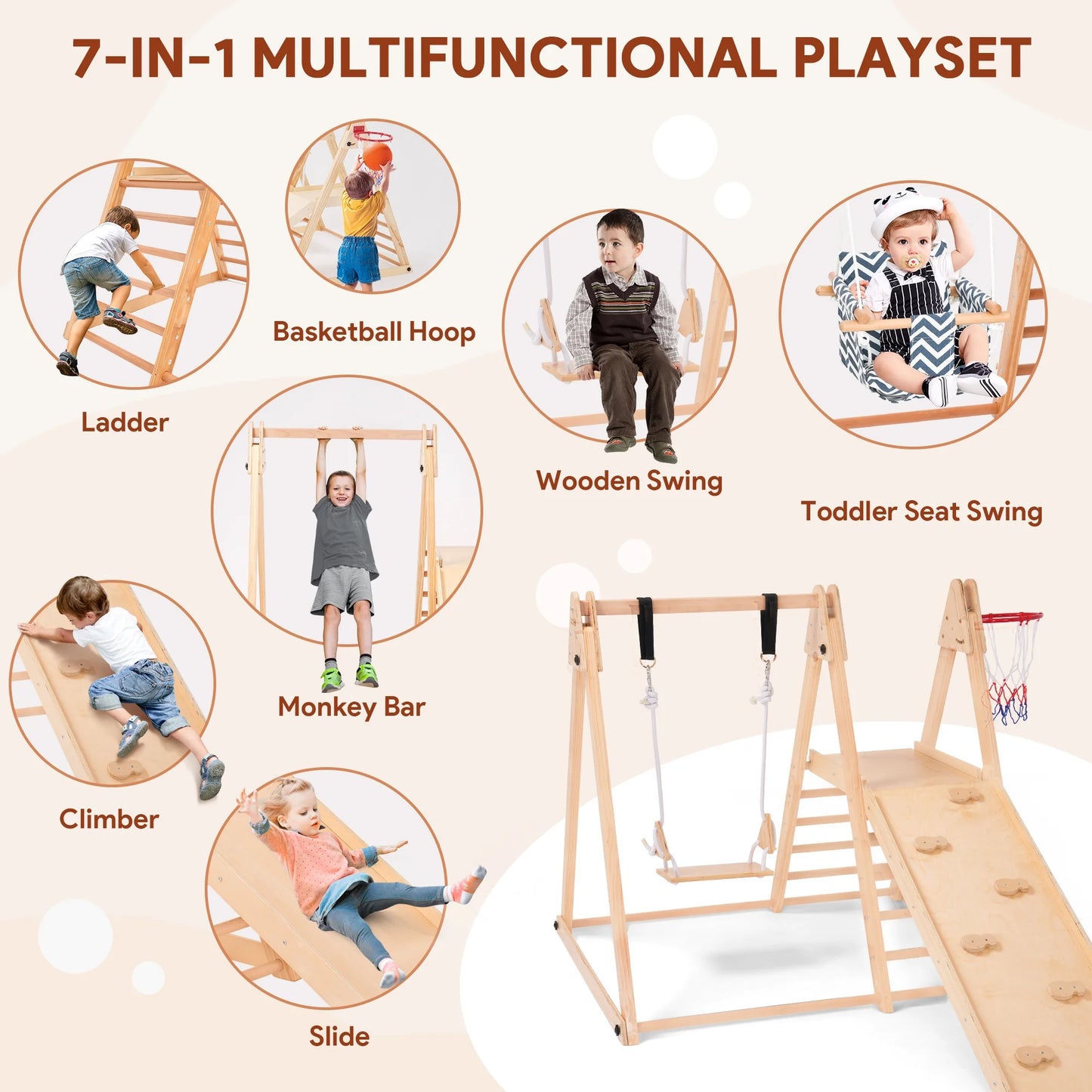 7-In-1 Toddlers Triangle Climbing Toys Set with 2 Swings, Foldable Wood Montessori Climber Kids Indoor Outdoor Playground Jungle Play Gym for Boys Girls