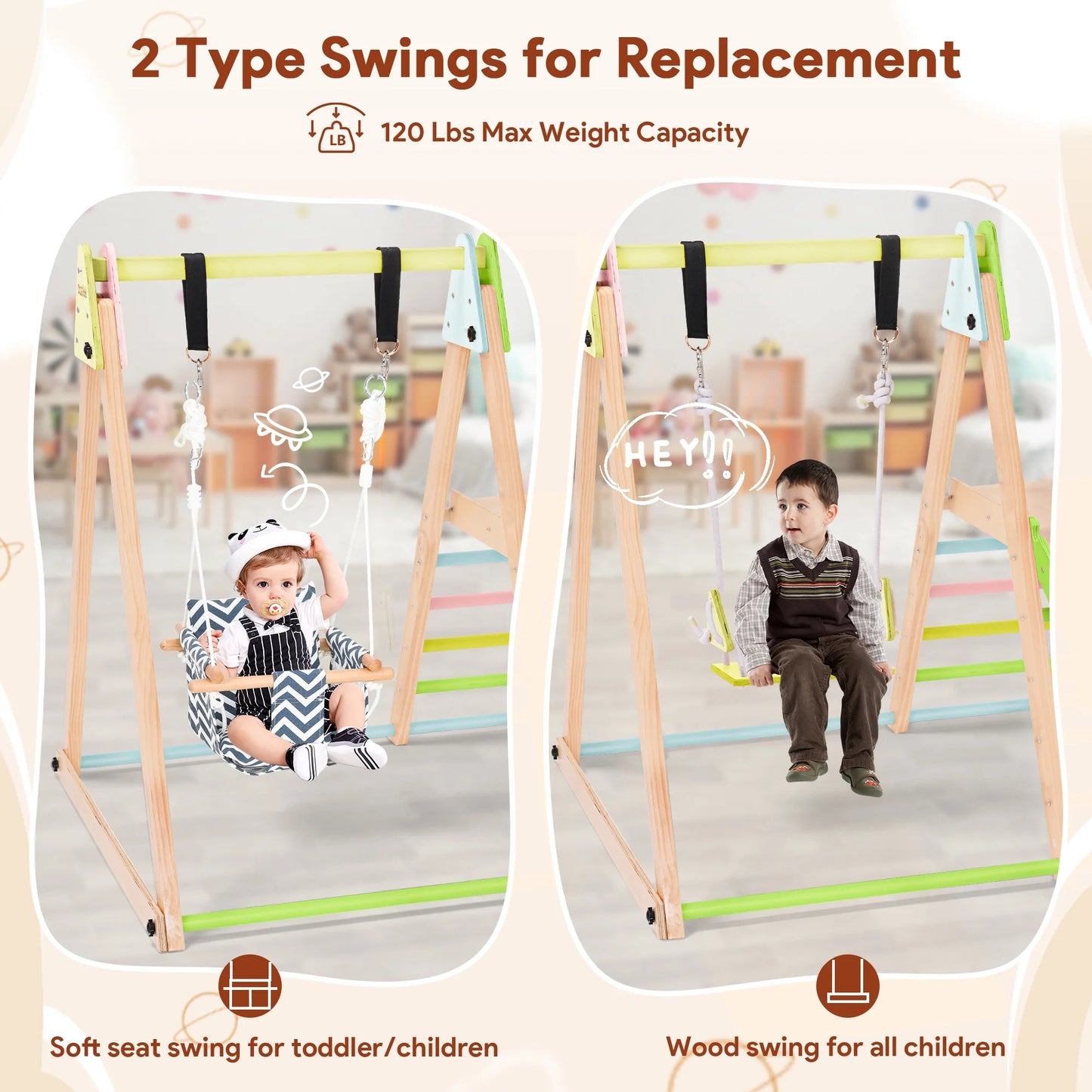 7-In-1 Toddlers Triangle Climbing Toys Set with 2 Swings, Foldable Wood Montessori Climber Kids Indoor Outdoor Playground Jungle Play Gym for Boys Girls