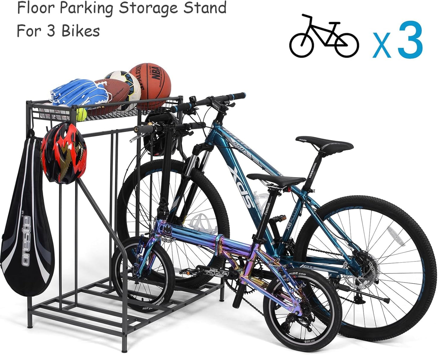 Bike Stand Rack, 3 Bicycle Floor Parking Stand, Bike Rack for Garage Storage, 3 Widths Adjustable Bike Slot for Mountain, Hybrid, Kids Bicycles, Indoor Outdoor Bike and Sports Storage Station