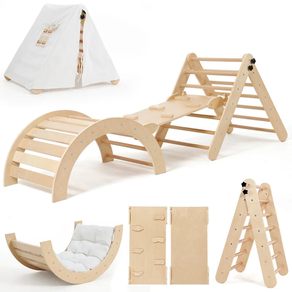 Pikler Triangle Set, 8 in 1 Montessori Climbing Set, Wooden Climbing Toys, with Arch, Ramp, Ladder, Tent and Cushion, Indoor Jungle Gym for Toddlers 0.5-6 Years Old