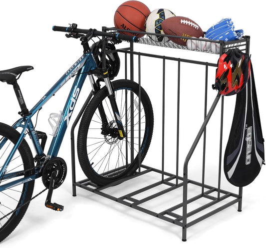 Bike Stand Rack, 3 Bicycle Floor Parking Stand, Bike Rack for Garage Storage, 3 Widths Adjustable Bike Slot for Mountain, Hybrid, Kids Bicycles, Indoor Outdoor Bike and Sports Storage Station