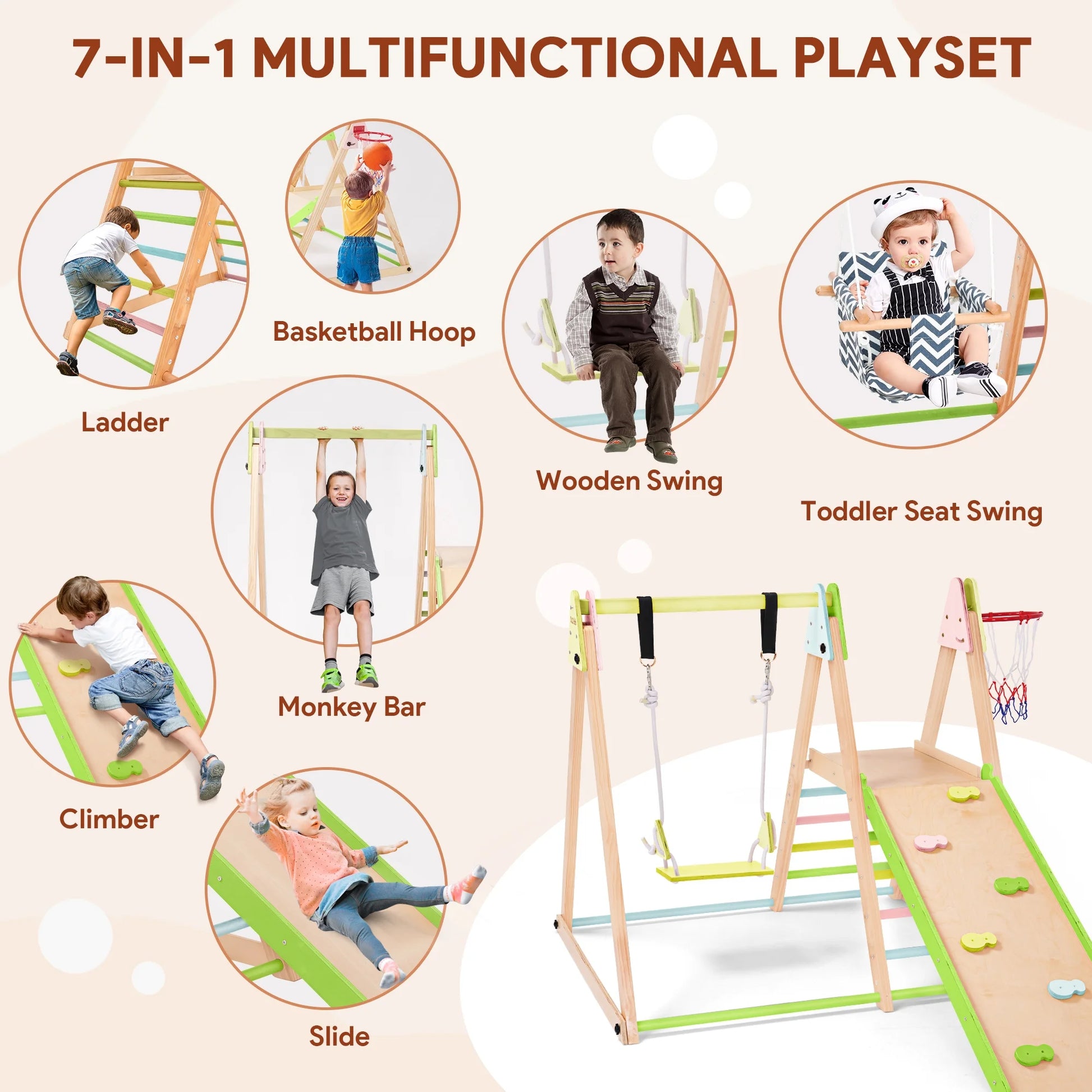 7-In-1 Toddlers Triangle Climbing Toys Set with 2 Swings, Foldable Wood Montessori Climber Kids Indoor Outdoor Playground Jungle Play Gym for Boys Girls