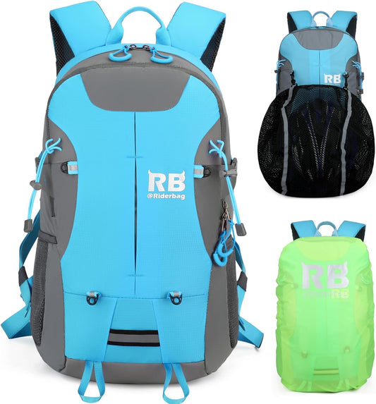 Reflective Motorcycle Backpack – Lightweight Hi Viz Riding Gear with Helmet Holder, Laptop Pocket, Ventilated Back, Cycling, Hiking, Sport & Commuter Daypack (Light Blue Backpack)