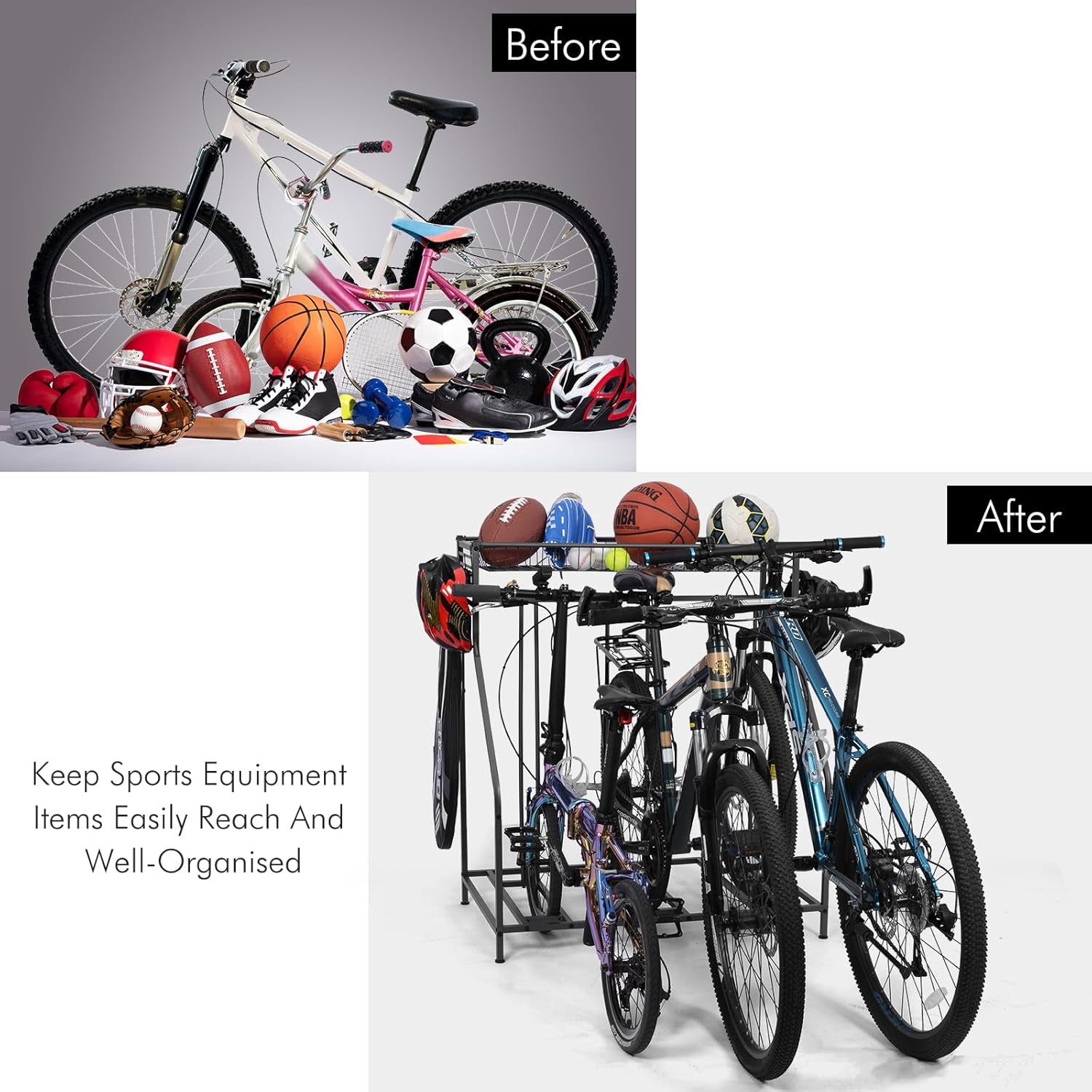 Bike Stand Rack, 3 Bicycle Floor Parking Stand, Bike Rack for Garage Storage, 3 Widths Adjustable Bike Slot for Mountain, Hybrid, Kids Bicycles, Indoor Outdoor Bike and Sports Storage Station