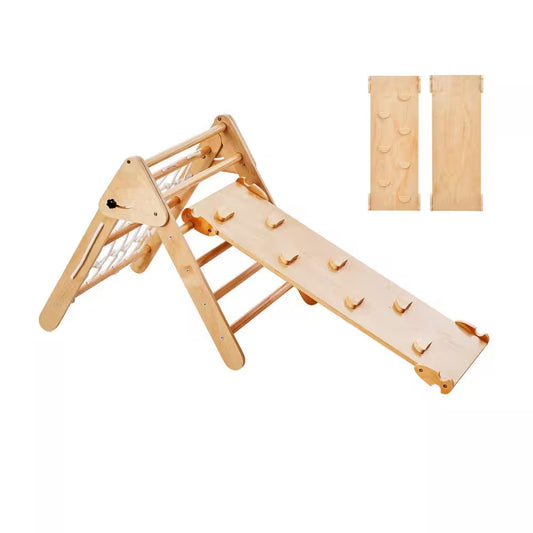 4-In-1 Toddler Climbing Toys Set, Montessori Pikler Triangle and Ramp, Large Wooden Climbing Gym for Indoor Play, Yellow