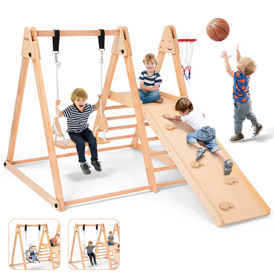 7-In-1 Toddlers Triangle Climbing Toys Set with 2 Swings, Foldable Wood Montessori Climber Kids Indoor Outdoor Playground Jungle Play Gym for Boys Girls