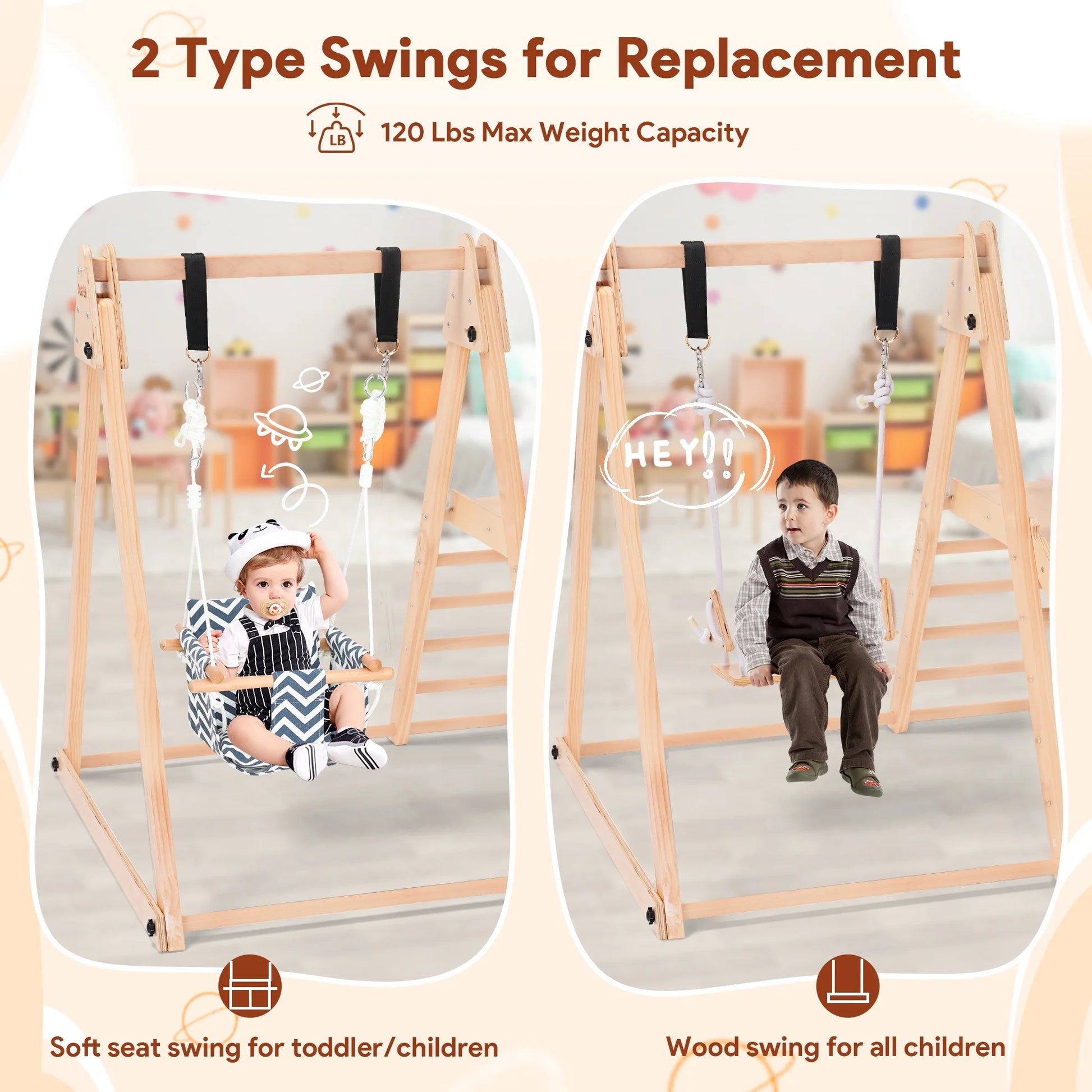7-In-1 Toddlers Triangle Climbing Toys Set with 2 Swings, Foldable Wood Montessori Climber Kids Indoor Outdoor Playground Jungle Play Gym for Boys Girls